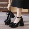 New Women's Platform Pumps with Bow Knot Chunky Block Heel Ankle Strap Patent Leather Party Shoes Black/Beige Mary Jane Shoes