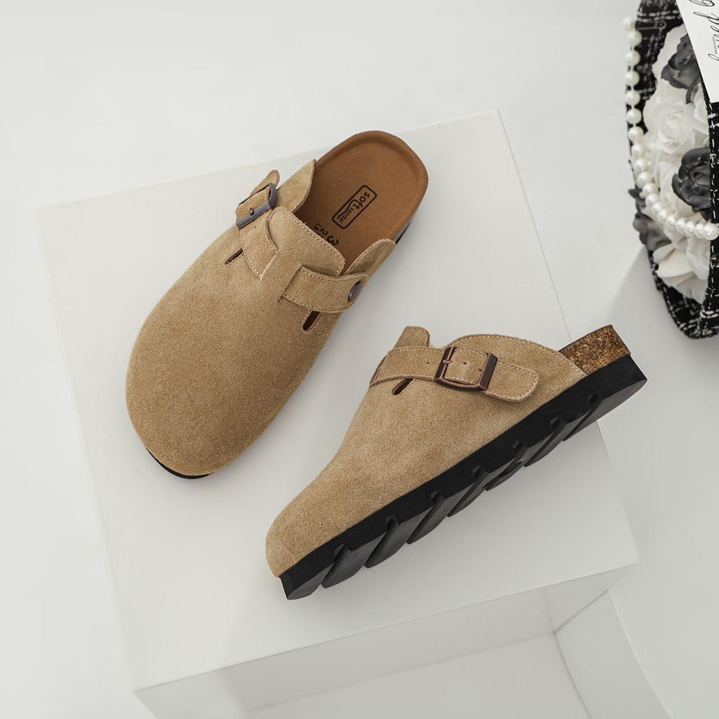 platform-soled Boken shoes bag head slippers women's genuine leather cowhide cork heightening Boken shoes versatile spring and autumn wear half drag