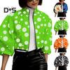 Giacca da donna con colletto alto, stampa a pois abbinata, chiusura con cerniera, corta, ampia, a maniche lunghe, cardigan casual da donna