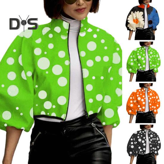 Giacca da donna con colletto alto, stampa a pois abbinata, chiusura con cerniera, corta, ampia, a maniche lunghe, cardigan casual da donna
