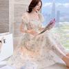 Summer new French ink painting bubble sleeves waist and thin temperament lady floral chiffon dress