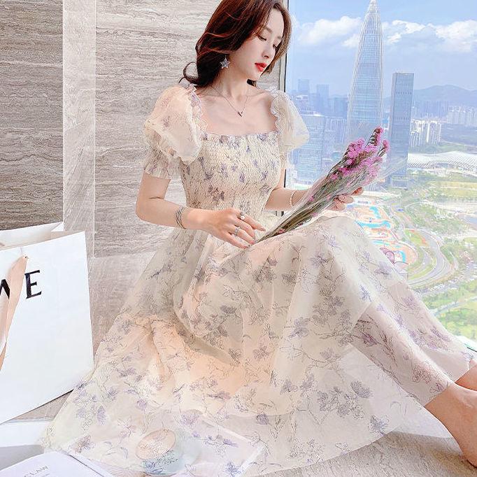 Summer new French ink painting bubble sleeves waist and thin temperament lady floral chiffon dress
