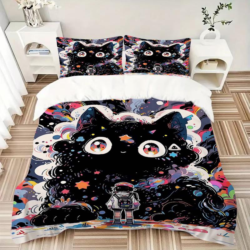 3pcs Giant Colorful Black Cat Print Bedding Set (1 Cover + 2 Pillowcases, Without Inserts), This Printed Bedding Set Is Soft and Comfortable
