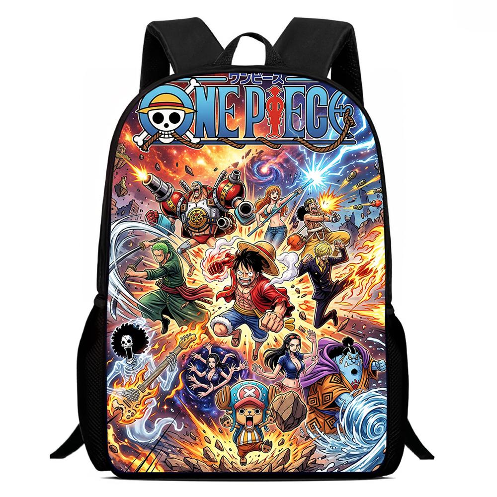 15 Inch Cartoon One Piece Mochila Backpack, Light Weight Unisex School Backpack for Boys Girls Age 6-10 Casual Travel Daypack