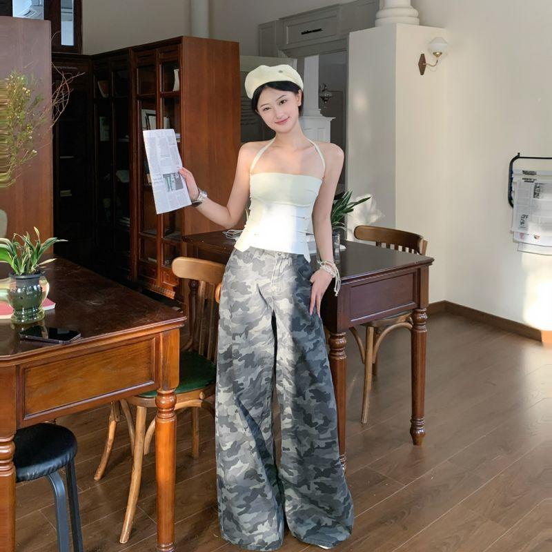 Kumikumi Little Man American Retro High Street Sexy Parka Camouflage Pants Loose High Waist Straight-Leg Wide-Leg Pants