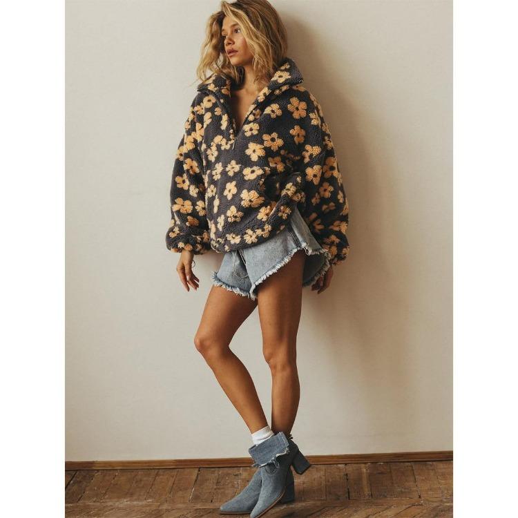 Winter Autumn Women Fleece Sweatshirt Floral Fuzzy Pullover Top Fashion Warm