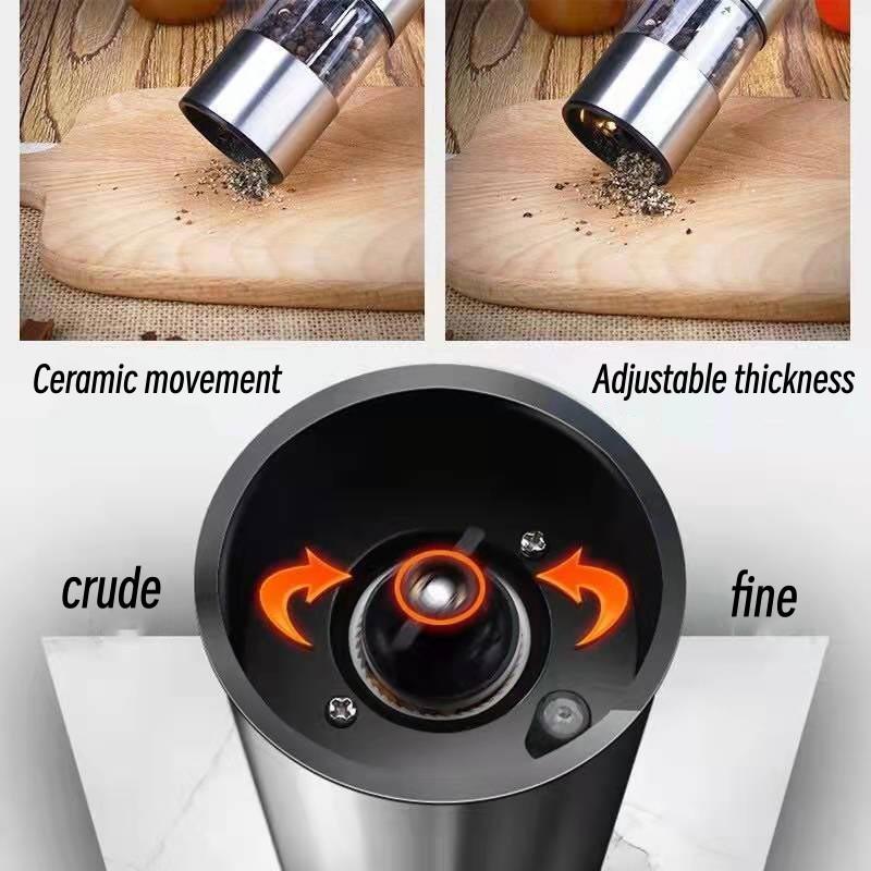 Electric Salt Grinder Set with Steel Shelf,Stainless Steel Pepper Mill with LED Light,Adjustable Coarseness Pepper Grinder Tools