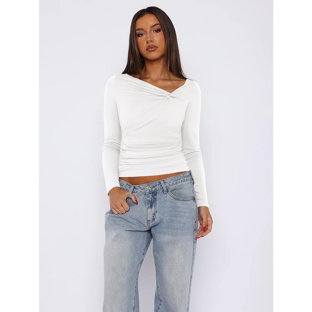 Women's Long Sleeve Asymmetrical Neck Ruched Slim Fit Shirts 2025 Fall Fashion Casual Tee Going Out Tops