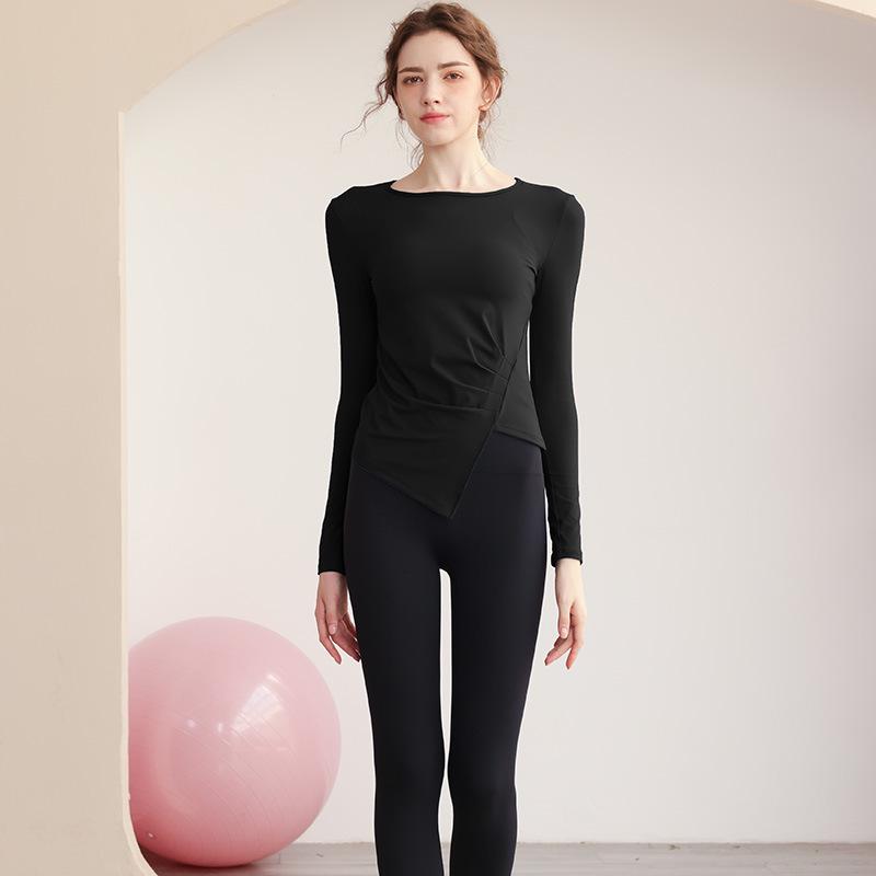 European & American Ruched Waist Long Sleeve Yoga Top - High Stretch Slim Fit