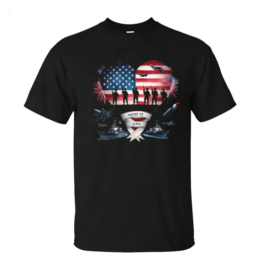 Proud To Serve Heart Flag Troop Silhouette Warship Jet Fighter Graphic Print Unisex Cotton T Shirt Patriot Military Casual Tops