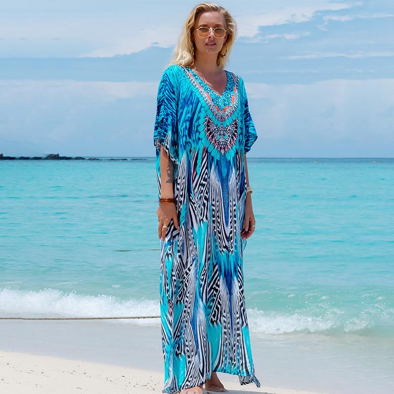 EDOLYNSA Bedruckte türkische Robe mit Fledermausärmeln, Sommer-Tunika, Plus-Size-Bademode, Cover-Up für Damen-Bademode, blaue Kaftan-Kleider, Q1415