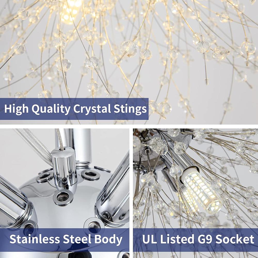 Modern Crystal Chandeliers Firework, Non-dimmable, 9-Light Chrome Dandelion Sputnik Ceiling Light Fixtures, for Bedroom Living Room
