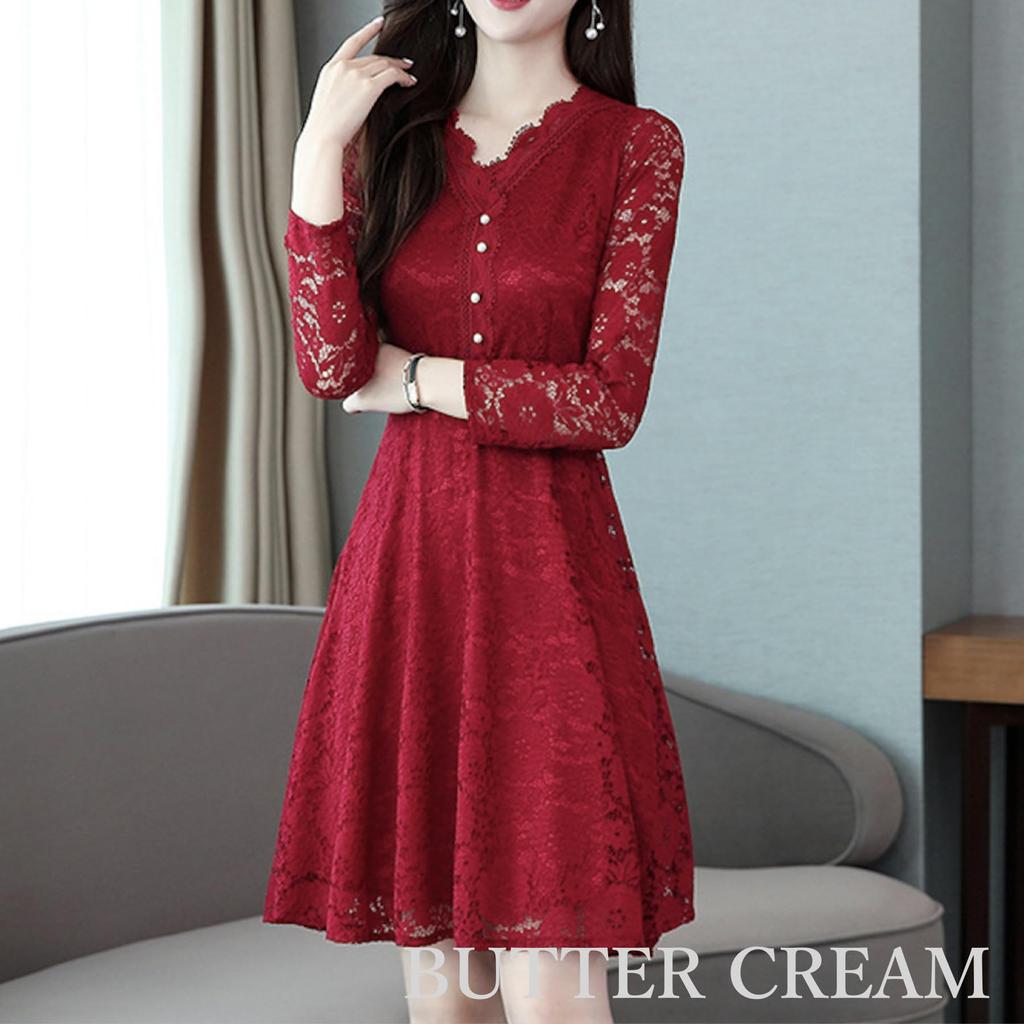 Butter Cream Wedding Guest Long Perfect for Women in Their and Perfect for and Entrance Size L Dress, Dress, Sleeve, Lace, A-Line, Elegant, Feminine,