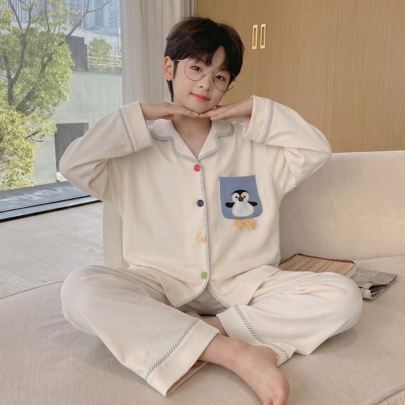 Boys Cotton Pajama Set Long Sleeve Open Front Cartoon Print Home Wear Kids Teens