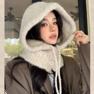 Plush Balaclava Hat, Women's Winter Wool Warm and Cold Ear Protection Knitted Hat, Scarf Integrated Headgear