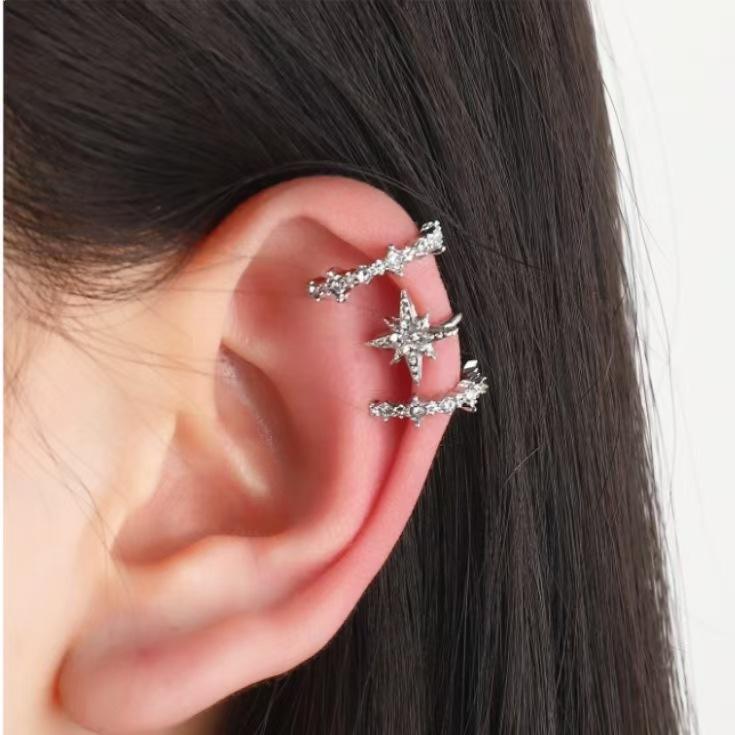 

2026 New zircon octagram three-piece set of ear clips, no ear piercings, mango super flash set, ear bone clips and earrings.