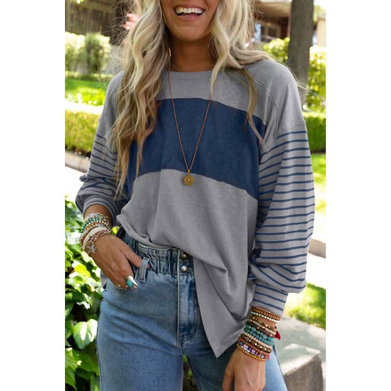 Polyester Striped Casual Long Sleeve T Shirt For Women With Color Block Design For Spring