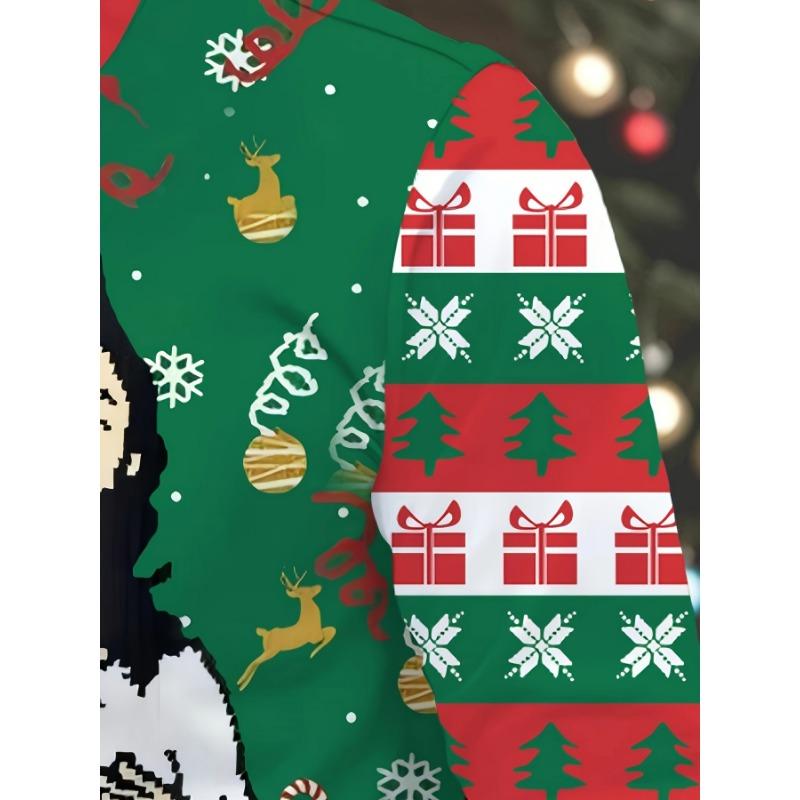 Santa Claus Printed T-shirt, Casual Crew Neck Funny Long-sleeved Top, Men's Clothing