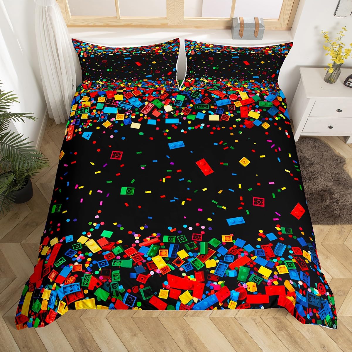 

Постільна білизна З днем ​​народження з 3D-блоками, підодіяльником Single Queen , барвистим будівельним матеріалом, з 2 наволочками US Twin(172x218cm)