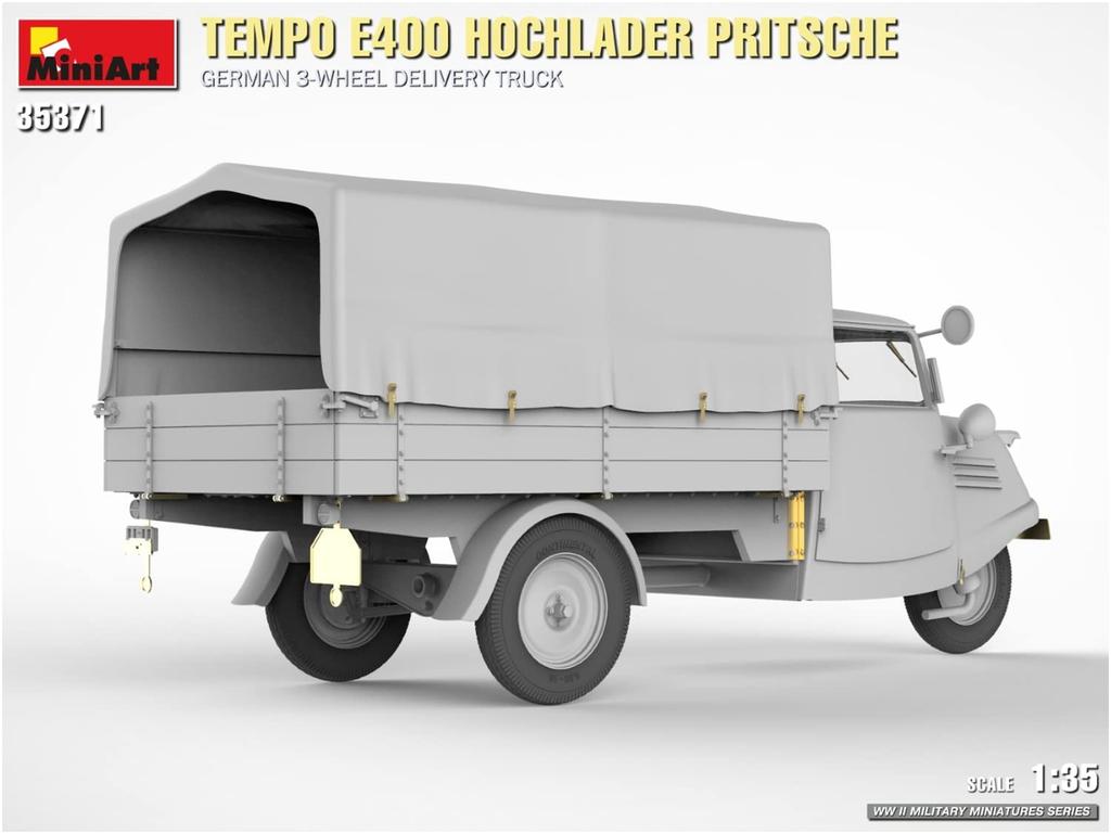 Miniart 1/35 Scale German Tempo E400 High Loader Flatbed Delivery Van, Three-Wheel Plastic Model, Model MA35371