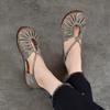 Johnature Genuine Leather Round Toe Soft Soled Flat Sandals Retro Pleated Women's Shoes