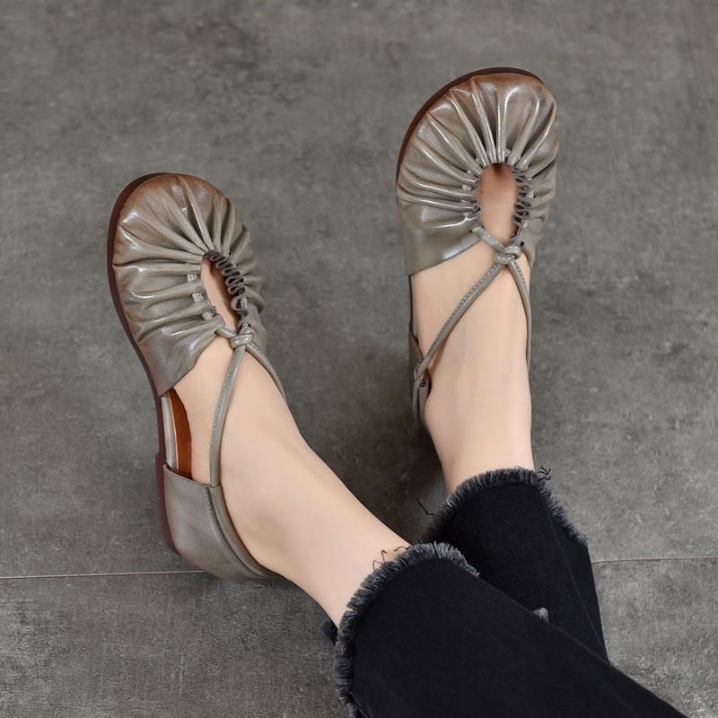Johnature Genuine Leather Round Toe Soft Soled Flat Sandals Retro Pleated Women's Shoes