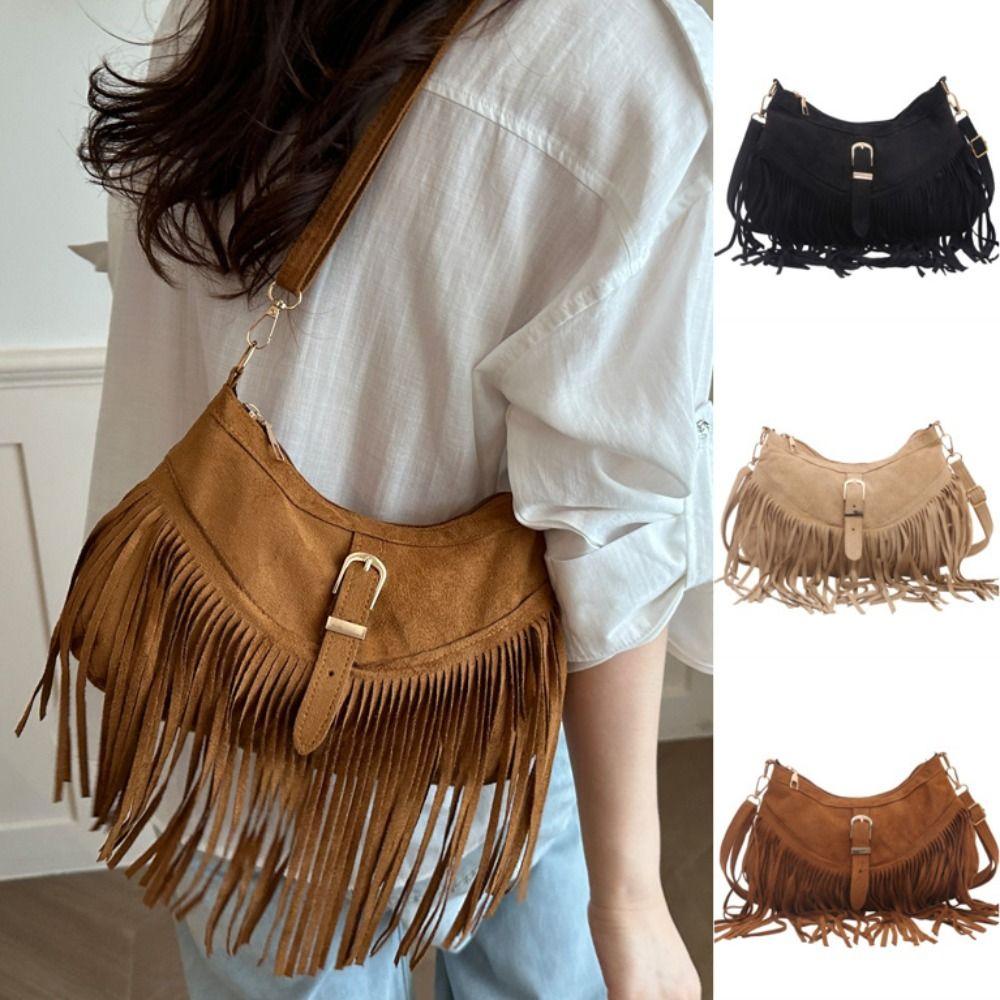 Bohemian Style Suede Shoulder Bag Retro Ethnic Style Handbag Fashion Tassel Crossbody Bag  Travel