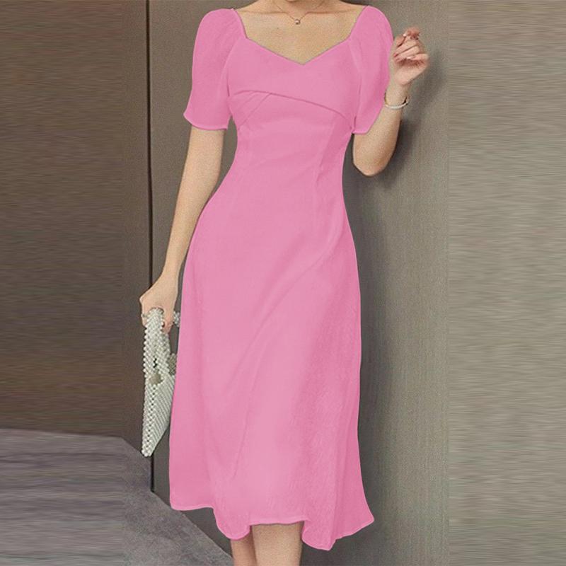 

ZANZEA Женское повседневное летнее платье с V-образным вырезом и коротким рукавом, однотонное M розовый