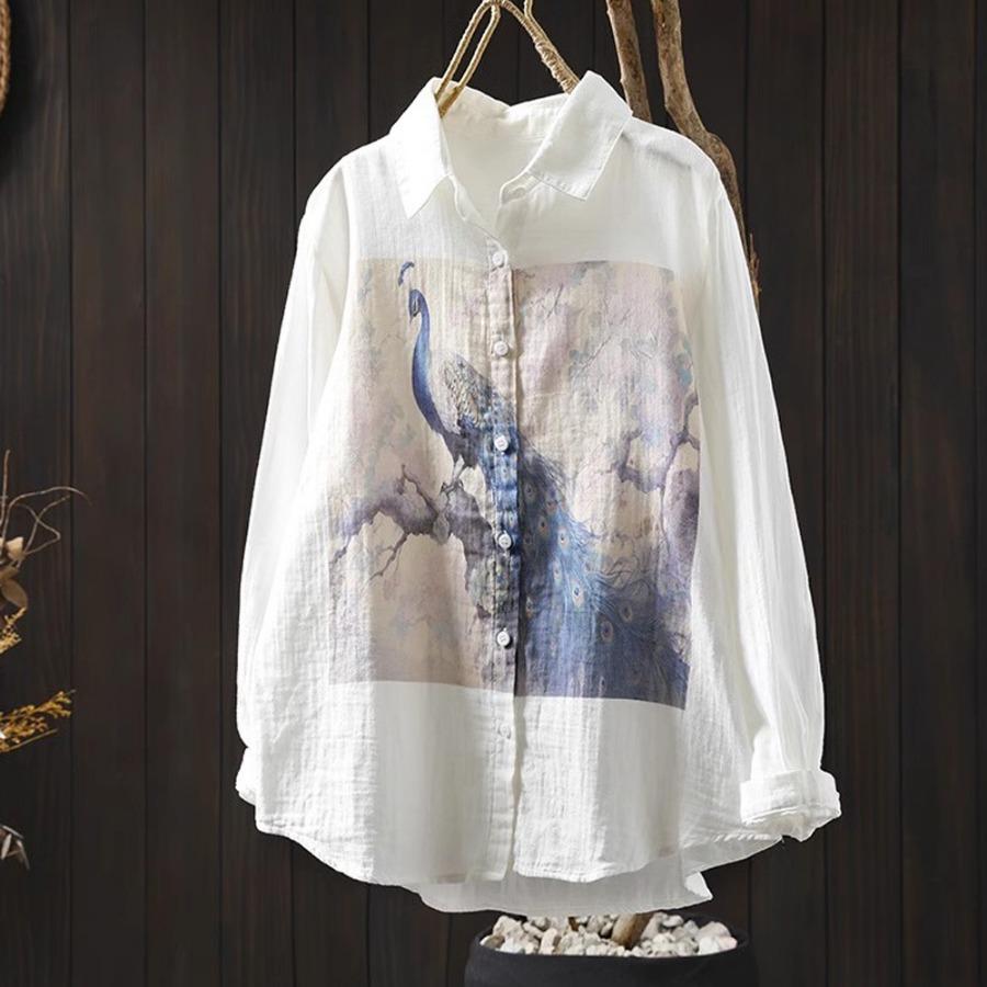 Primavera Otoño Top Blanco Camisas de Hilo de Algodón de Doble Capa Mujer Cuello de Solapa Manga Larga Blusas Estampadas