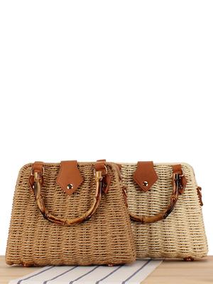 Borsa Tessuta Retrò Pastorale di Alta Gamma con Manico in Stile Bambù