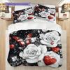 Red and White Roses Pattern Bedding Quilt Set Quilt Cover Pillowcase Home Decoration Birthday Gift (1 * Duvet Cover + 2 * Pillowcase, Without Core)