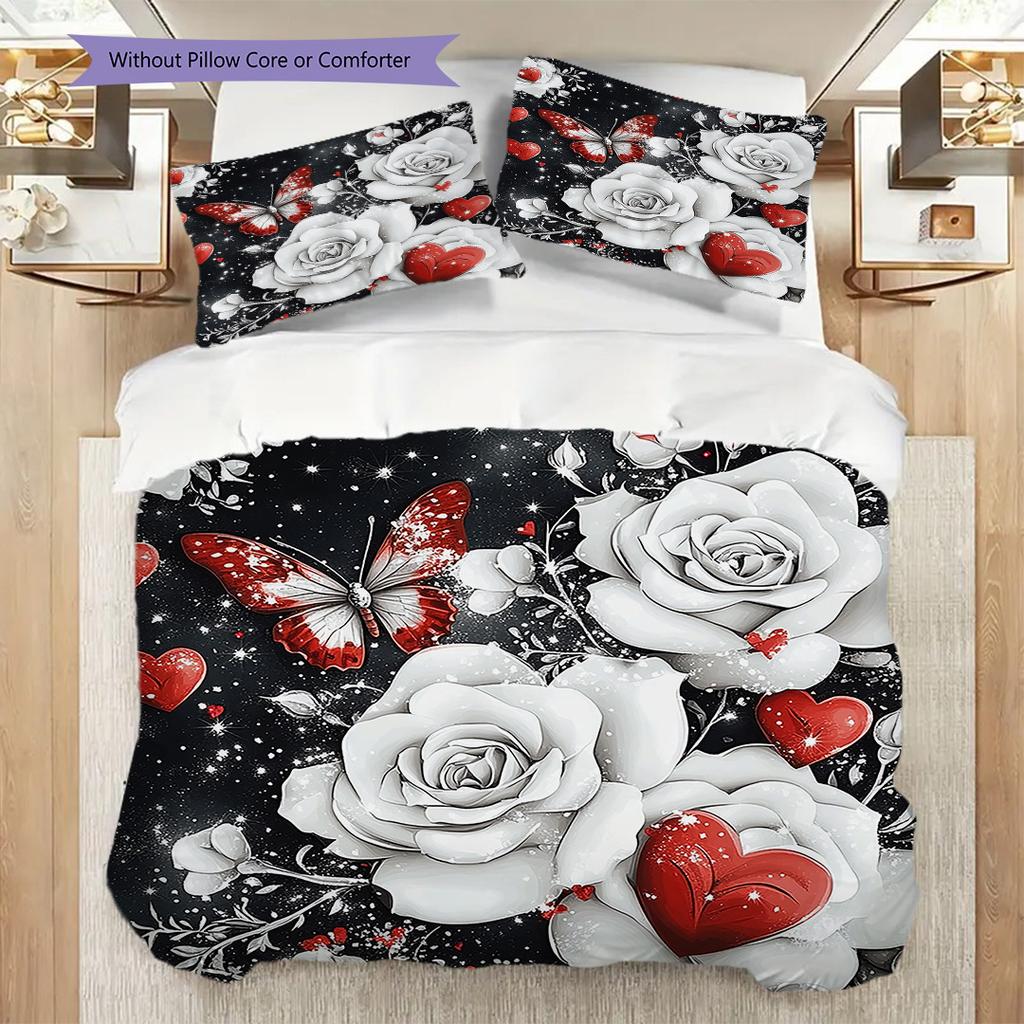 Red and White Roses Pattern Bedding Quilt Set Quilt Cover Pillowcase Home Decoration Birthday Gift (1 * Duvet Cover + 2 * Pillowcase, Without Core)