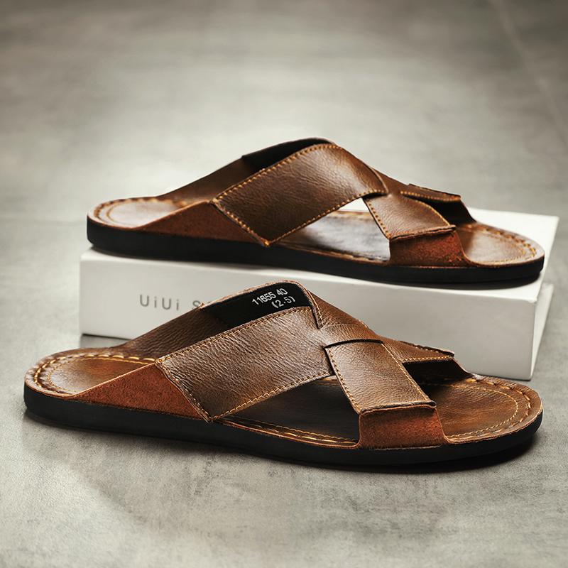 Large Size 48 Split Leather Slippers Men's Sandals Beach Flip Flop Summer Men's Shoes