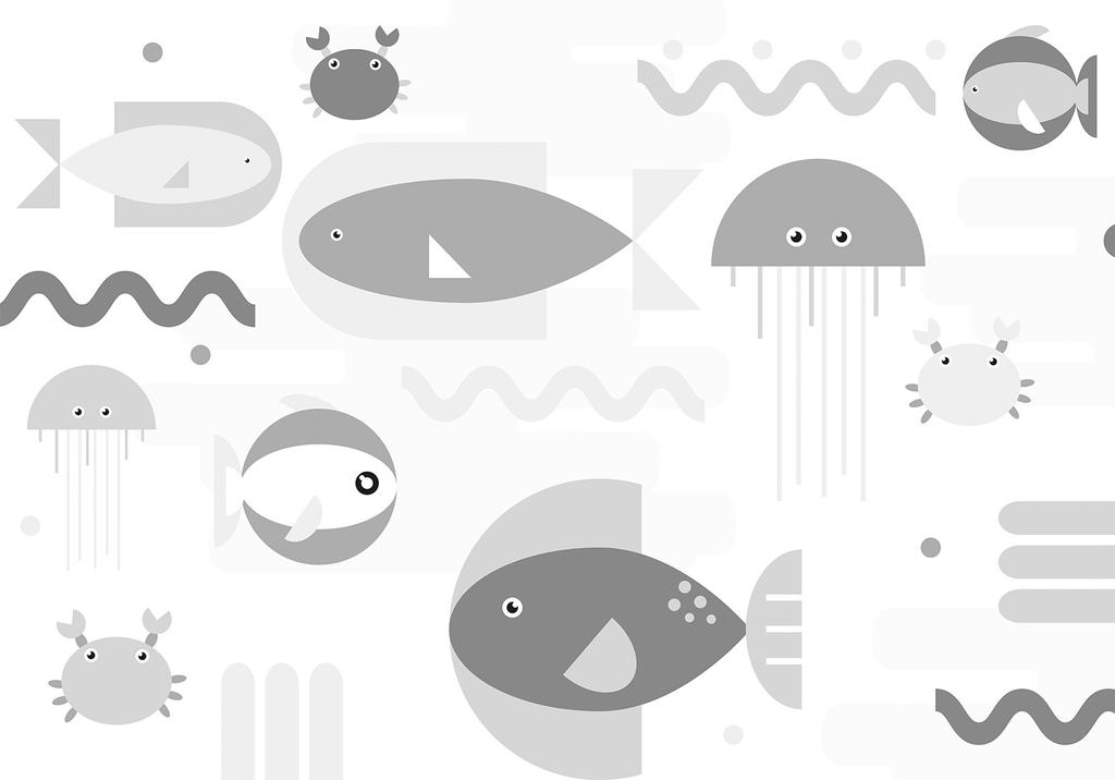 Fototapeta - Minimalistyczny Szary Ocean - Geometryczne Rybki W Wodzie Dla Dzieci