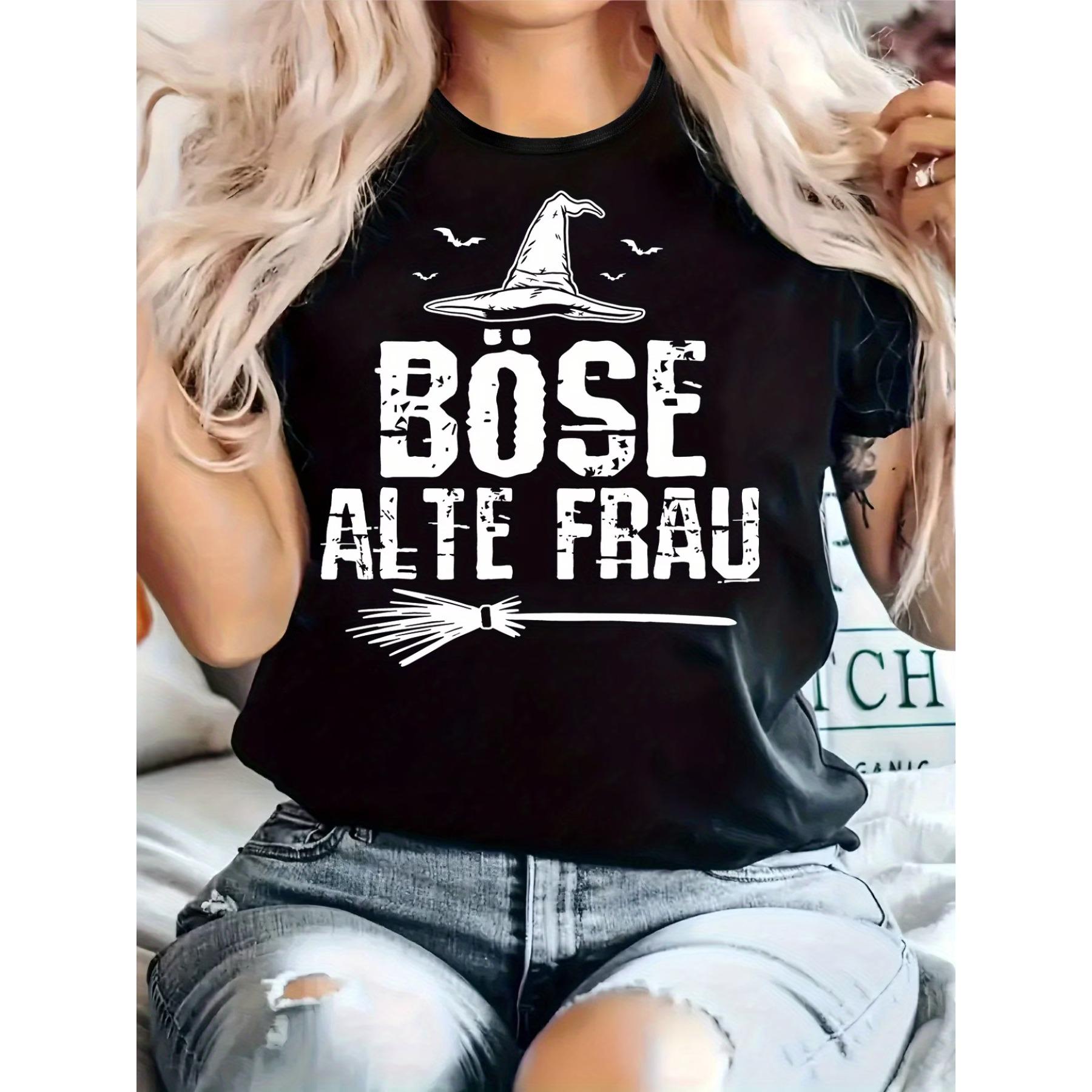 

Women S Bose Alte Frau Graphic T-Shirt - Black Casual Crew Neck Short Sleeve Tee with Witch Hat & Broomstick Design XXL чорний