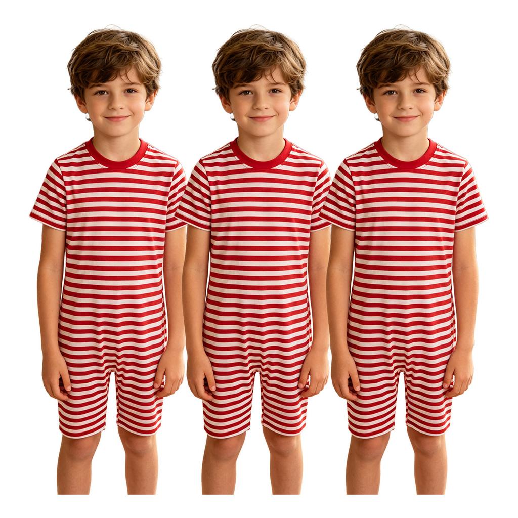 3 Piezas Mono Rayado Adaptativo para Niños Cuello Redondo Manga Corta Longitud hasta el Muslo Espalda Anti-Rayas Cremallera Invisible para Cuidado de Necesidades Especiales