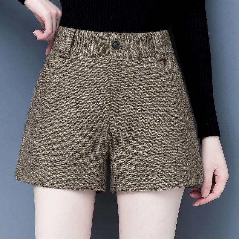 Women's Korean Fashion High Waist A-line Wide Leg Short Pants Autumn Winter Office Lady Vintage Elegant Woolen Thick Slim Shorts