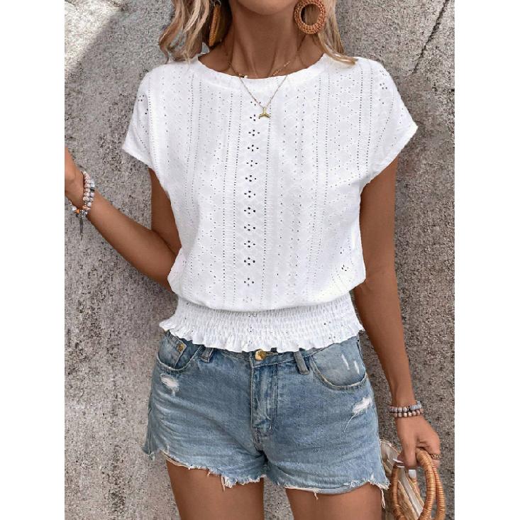 2026 Spring/Summer Jacquard Solid Color Round Neck Ruched Hollow Batwing Short Sleeve Women's T-Shirt for Commuting