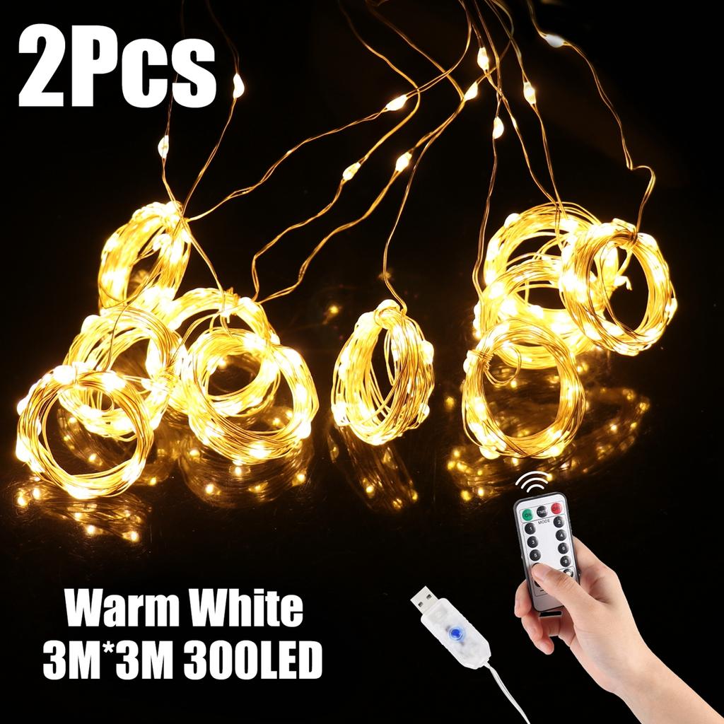 2 Stück 3x3m LED-Vorhang-Lichterkette Weihnachts-Girlande Lichterkette Lichterkette LED-Licht Hochzeits- Heim- Schlafzimmer-Dekoration Beleuchtung