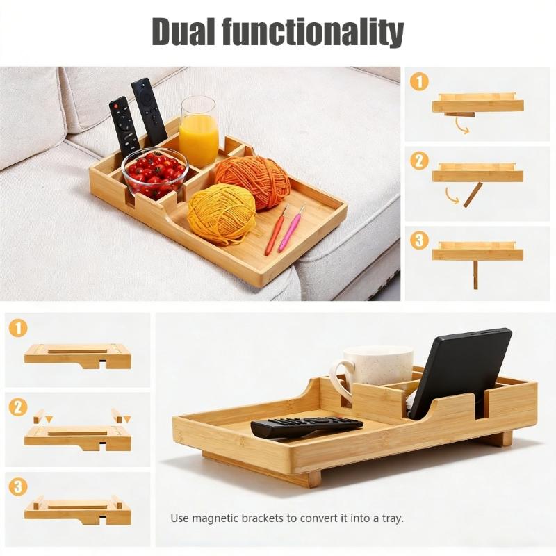 Natural Wooden Food Serving Tray Designed for Sofa Seam Organization and Easy Transportation for Family Gatherings