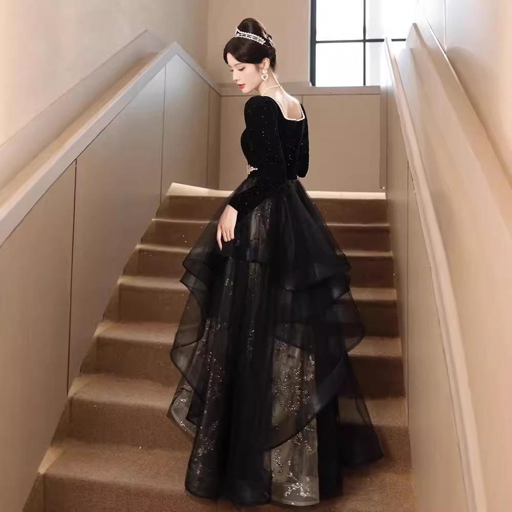 Black Evening Dress Women's 1011 New Banquet Long-sleeved French Summer Vocal Art Test Skirt Light Luxury Niche Dress
