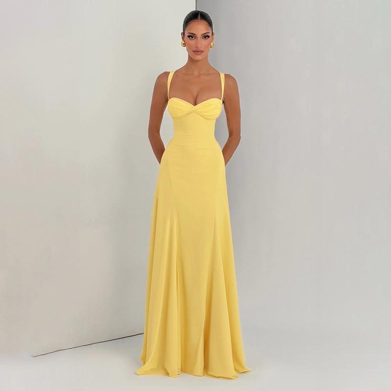 Abito Lungo Aderente Elegante da Donna Senza Maniche con Incrocio sulla Schiena Monocolore