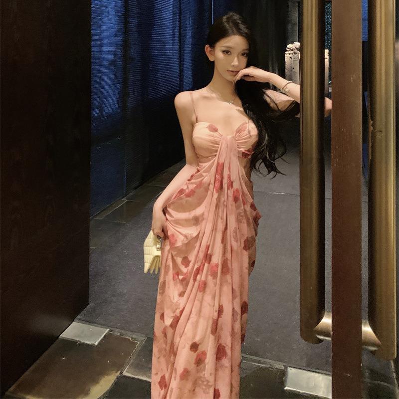 Seaside Photo Printed Long Dress Feeling Slim and Long Vacation Tube Top Suspender Dress Summer