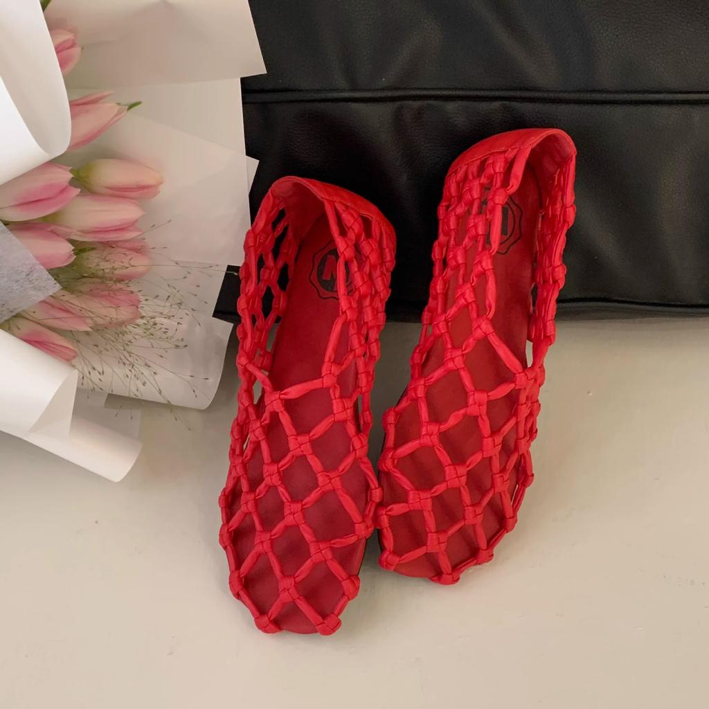French Woven Mesh Hollow Low Heel Round Head New Sandals Fashion Pig Cage Shoes Red Breathable Hole Shoes Women's Shoes