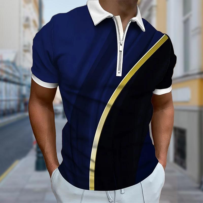 

Мужская рубашка поло повседневная на молнии с коротким рукавом модная повседневная на молнии лето весна стандартный крой 3D двухцветная рубашка с принтом 8XL темно-синий