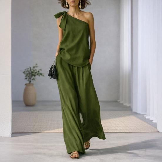 2-teilige Outfits für Damen Sommer One-Shoulder Ärmelloses Oberteil und Weitbeinige Hose Passendes Lounge-Set mit Taschen