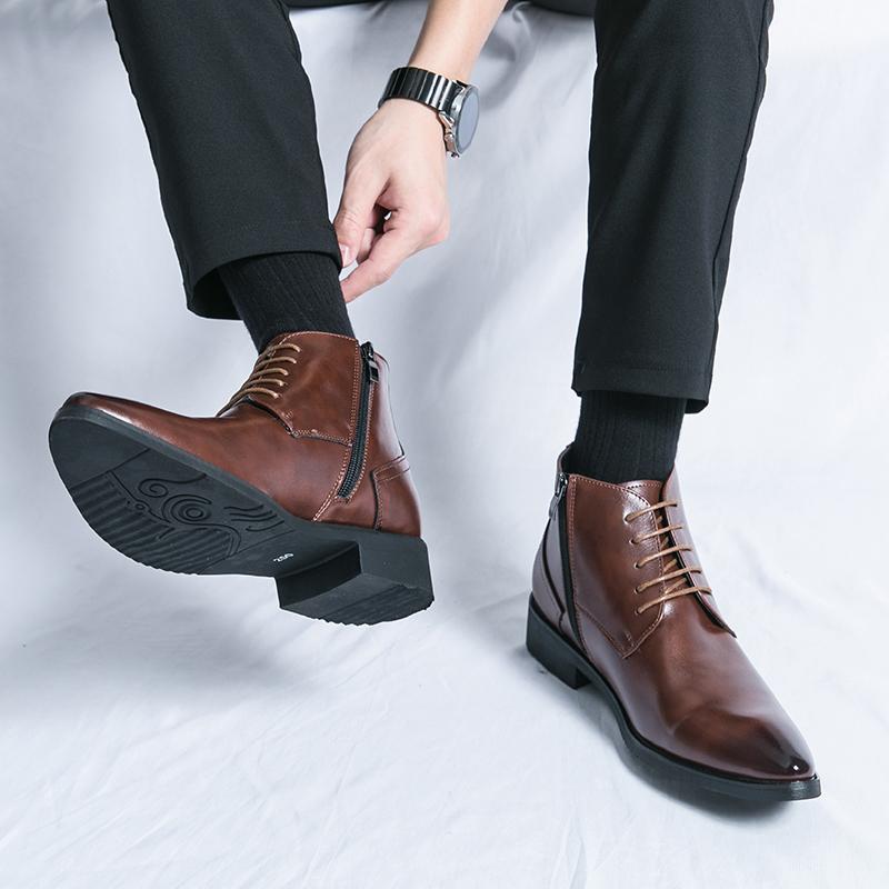 Men Ankle Boots Soft Leather Side Zipper Lace-up Business Shoes Formal Dress Shoes High Quality Comfy Walking Man Chelsea Boots