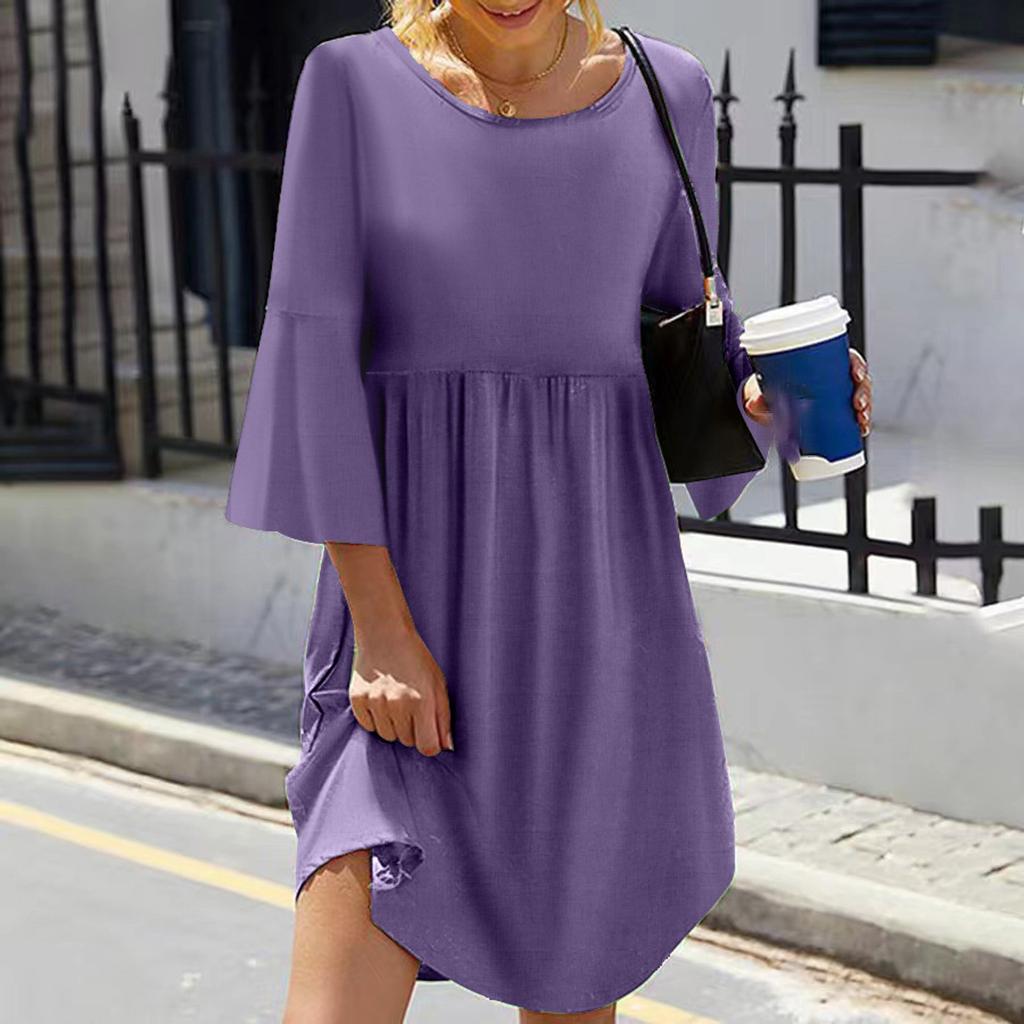 Women's Color Round Neck Seven-Part Sleeve Sub Bohemian Dress