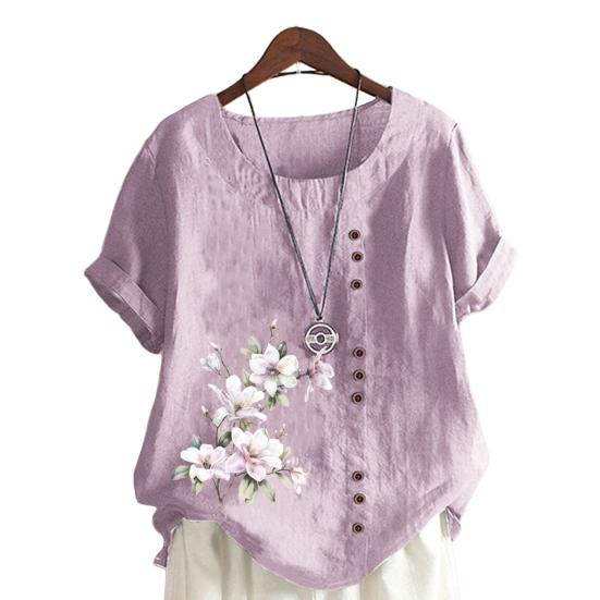 Frauen Shirt Kurzarm Rundhals Knöpfe Dekor Lose Atmungsaktive Streetwear