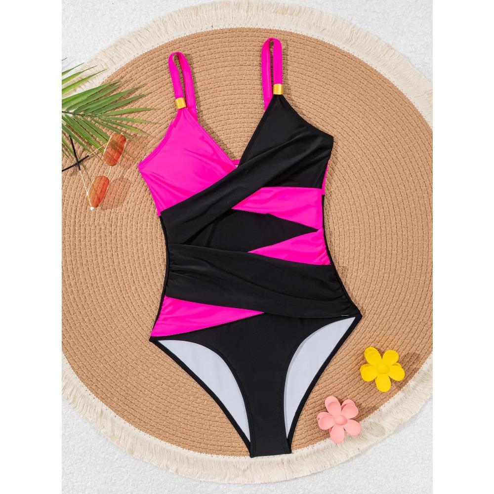 Sexy Purple Black Contrast Swimwear Women 2025 V Neck Slim Pleate Tummy Control One Piece Swimsuit Beach Bathing Suit Monokini